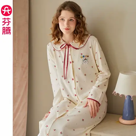 芬腾女士睡裙春秋季纯棉长袖睡衣裙少女甜美休闲大码可外穿家居服商品大图
