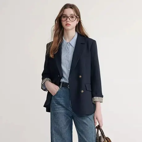 爵莱菲藏青色西装外套女2025春秋装新款长袖西服小个子上衣气质图片