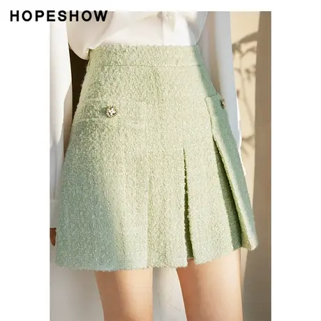 红袖outlets淑女香风假口袋短裙hopeshow2022春季新款a字压褶伞裙图片