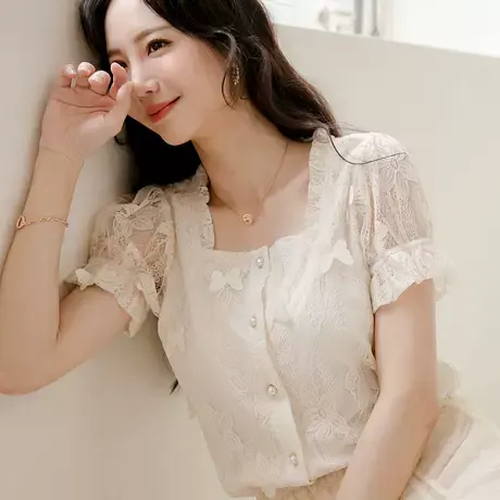 桔熊夏季浪漫方领蝴蝶蕾丝珍珠扣泡泡袖小外套上衣女大码AB17136商品大图