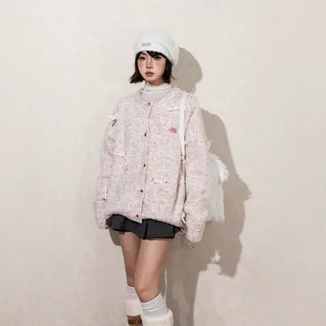 设计感蝴蝶结装饰毛衣女春秋2025新款彩色开衫上衣宽松韩版针织衫商品大图