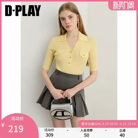 DPLAY2025年秋季新款黄色针织衫女气质修身打底衫含亚麻羊毛上衣商品大图