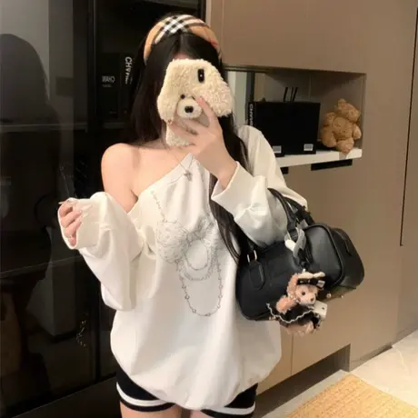 大码女装微胖MM美式复古卫衣早秋新款蝴蝶结印花斜领长袖宽松上衣商品大图