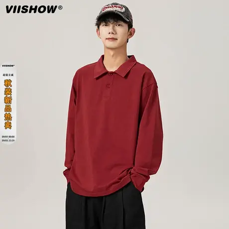VIISHOW潮牌复古简约纯色长袖POLO衫男秋季街头宽松百搭情侣卫衣商品大图