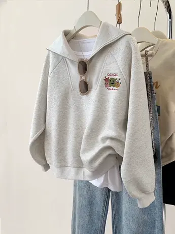 hiphop潮牌加绒卫衣秋冬简约风圆领半拉链ins潮设计秋冬外套上衣商品大图