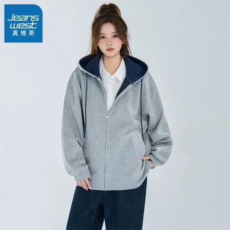 N5真维斯男士开衫卫衣2025新款秋季美式宽松撞色男生春秋连帽外套商品大图