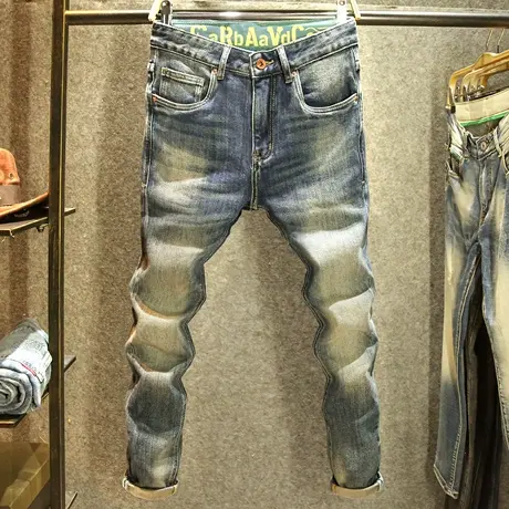 秋冬款复古做旧牛仔裤男款修身小直筒弹力长裤水洗黄泥色潮流男裤商品大图