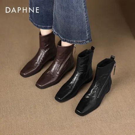 达芙妮棕色短靴女2026新款冬季法式方头瘦瘦靴加绒平底女士马丁靴商品大图