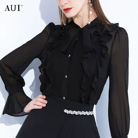 AUI黑色设计感雪纺衬衫女2023夏新款喇叭袖小众上衣职业气质衬衣图片