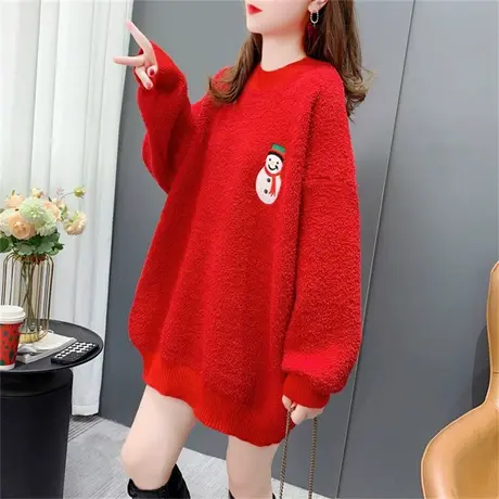 圣诞雪人红色圆领毛衣女2022新款秋冬宽松慵懒风加厚洋气打底上衣图片
