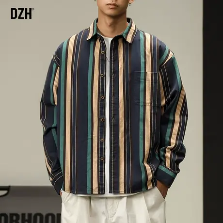 男士条纹衬衫男秋季潮牌纯棉翻领上衣2023新款高级感长袖衬衣外套商品大图