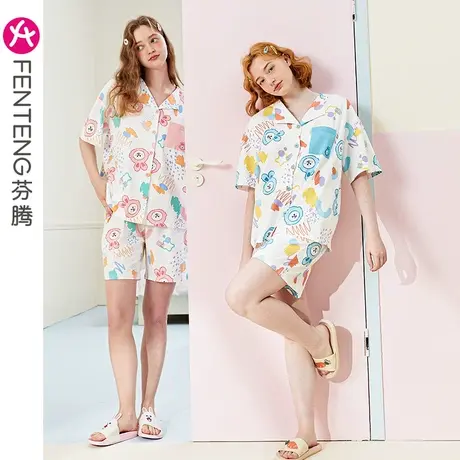 芬腾纯棉睡衣女夏薄款短袖短裤可爱卡通布朗熊韩版少女家居服套装商品大图