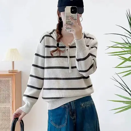 条纹毛衣女爆款连帽秋冬2023年新款洋气冬季加厚打底衫针织衫上衣图片