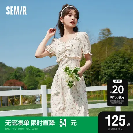 森马连衣裙女收腰木耳边法式夏2023新款泡泡袖方领肌理碎花裙浪漫图片