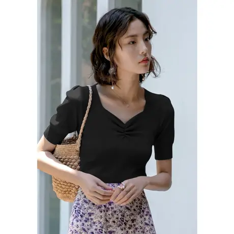 弥古法式方领泡泡袖上衣短款螺纹短袖高腰t恤女夏黑色冰丝针织衫商品大图