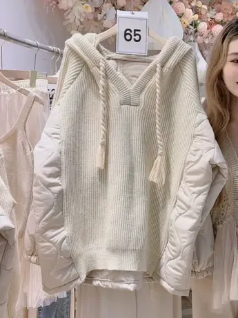 2023秋冬新款韩版宽松休闲连帽设计感针织拼接菱格套头棉服外套潮图片