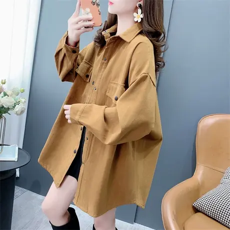 中长款港味复古加绒加厚衬衫外套女秋冬新款宽松百搭休闲长袖上衣商品大图