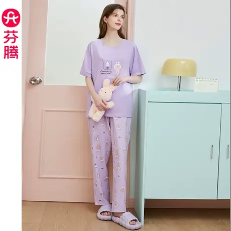 芬腾睡衣女夏季纯棉短袖圆领薄款透气韩版少女全棉宽松家居服套装图片