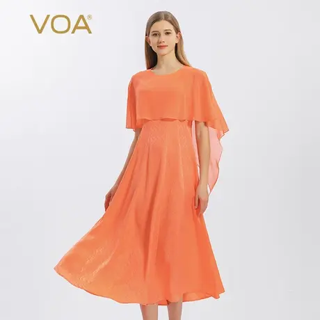 VOA提花桑蚕丝橙黄圆领短袖拼接乔其荷叶边宽松淑女风真丝连衣裙图片