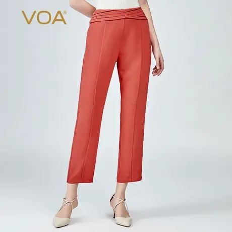 VOA真丝60姆米重磅长空中腰红色隐形侧拉褶皱西装桑蚕丝直筒裤图片