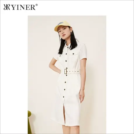*YINER音儿女装秋季毛边短袖白牛仔连衣裙图片