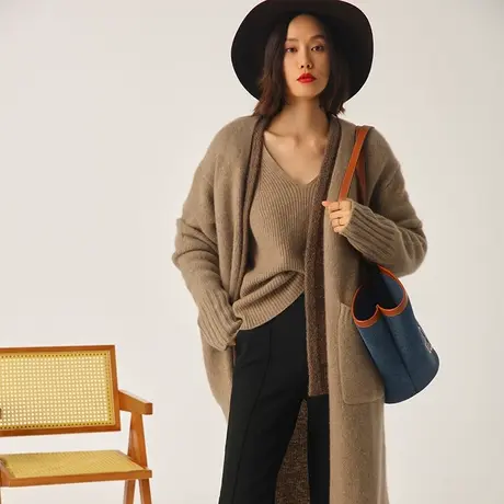 慵懒中长款山羊绒针织开衫毛衣女士秋冬新款宽松休闲百搭外套W038商品大图