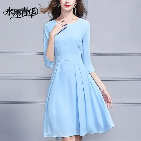 春季新款时尚简约纯色修身A字裙优雅七分袖连衣裙图片