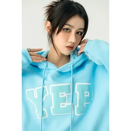 YEP植绒发泡立体字母印花水蓝加厚连帽卫衣女宽松春秋外套ins潮牌商品大图