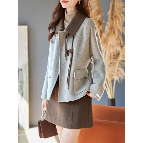 宝诗黎翻领牛角扣羊毛呢外套女宽松短款呢子大衣2024年春季新款商品大图