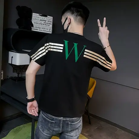 夏季男士t恤男装短袖学生半袖条纹时尚休闲ins个性潮流潮牌体恤商品大图