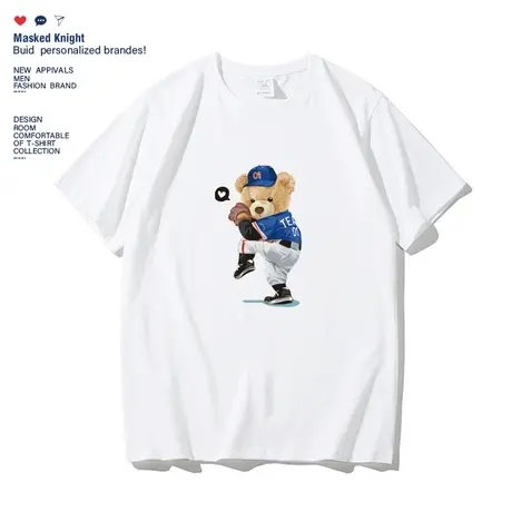 短袖t恤男潮牌夏季宽松ins潮流港风纯棉小熊印花情侣装半袖打底衫商品大图