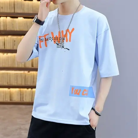 短袖男士t恤潮牌潮流夏装新款五分半袖冰丝体恤青少年学生上衣服T商品大图