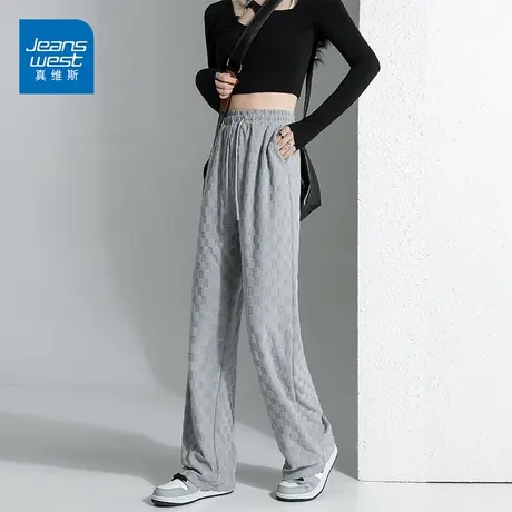 真维斯棋盘格阔腿裤女2022秋季新款高腰显瘦舒适垂感毛巾布拖地裤商品大图