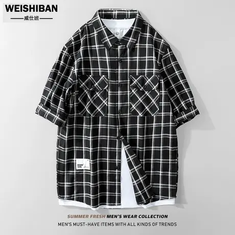 2023夏季冰丝七分袖衬衫男装美式休闲复古格子莱赛尔宽松工装衬衣图片