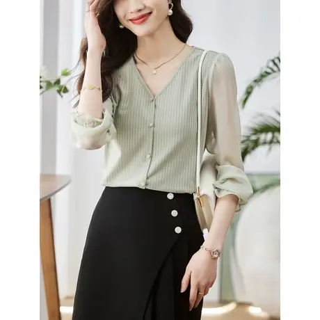 时尚气质淑女长袖衬衫女2023年新款百搭温柔显瘦V领上衣开衫商品大图