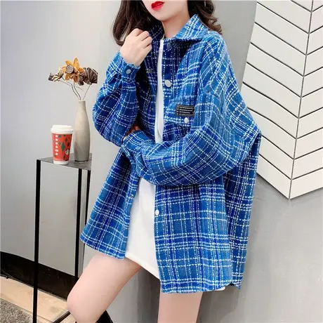 格子毛呢衬衣外套女秋冬百搭韩版宽松设计感衬衫复古港味上衣加厚商品大图
