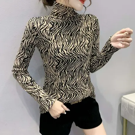 加绒高领打底衫女秋冬欧货洋气豹纹网纱T恤长袖内搭修身加厚上衣商品大图