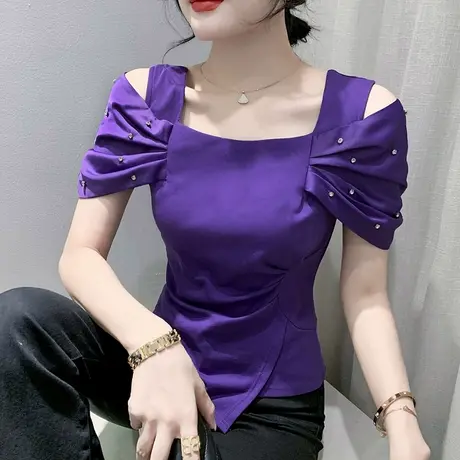 性感露肩短袖T恤女士欧货一字领上衣不规则开叉收腰小衫修身半袖商品大图