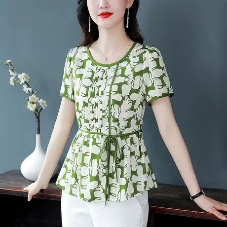 夏季重磅真丝短袖衬衫女新款印花收腰显瘦高档别致气质遮肉小衫潮商品大图