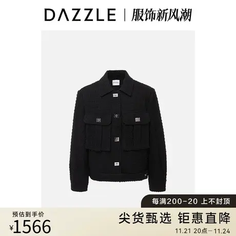 DAZZLE地素奥莱23春装新款工装风短款锁扣黑色毛呢夹棉外套棉服图片