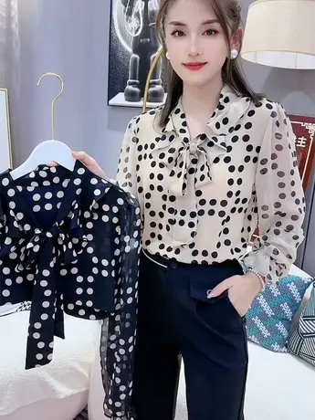 2023春季新款雪纺衫女时尚荷叶边减龄波点飘带宽松遮肚显瘦上衣女图片