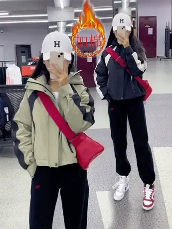 加绒外套女短款拼色2023新款秋冬季宽松韩版百搭洋气显瘦冲锋衣商品大图