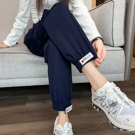 蓝色束脚工装裤女春秋新款高腰显瘦直筒百搭美式休闲哈伦运动裤子图片