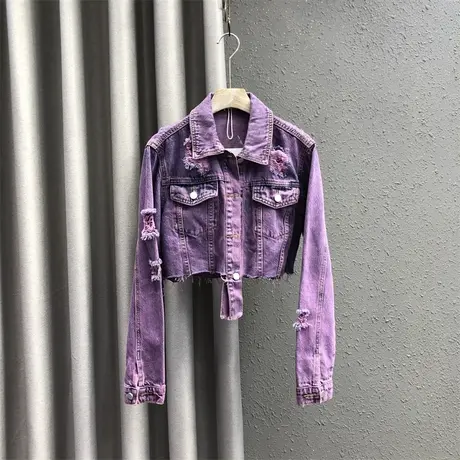 欧货港风破洞长袖上衣女2023秋冬新款复古磨破做旧不规则牛仔外套图片