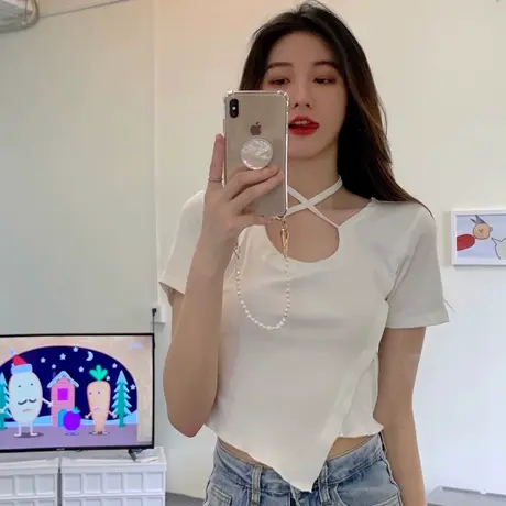 纯欲风修身短袖T恤不规则设计感打底衫夏季辣妹显瘦短款上衣女潮商品大图