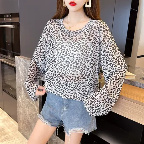 2023夏新款冰丝薄款长袖防晒衣网纱罩衫T恤女夏季宽松打底衫上衣商品大图