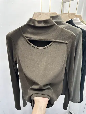 欧货半高领薄款长袖镂空针织衫女2023年秋季新款修身显瘦打底衫潮商品大图