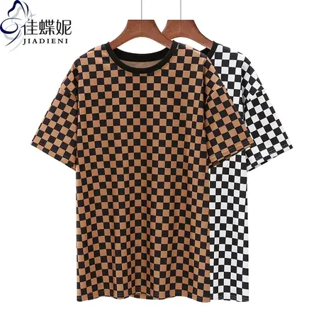 春季新款韩版圆领德绒宽松中长款格子短袖体恤上衣内搭女打底衫商品大图