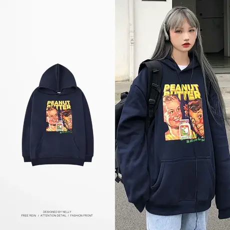 美式复古vintage宝蓝色卫衣女大码宽松bf慵懒风ulzzang外套连帽衫商品大图