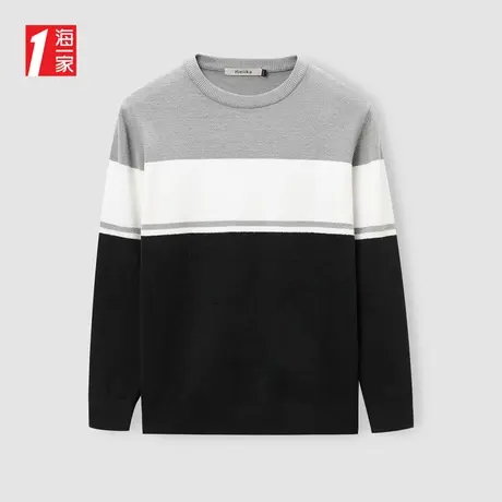 海一家时尚条纹圆领毛衣2023冬季新款保暖基础休闲长袖针织衫男商品大图